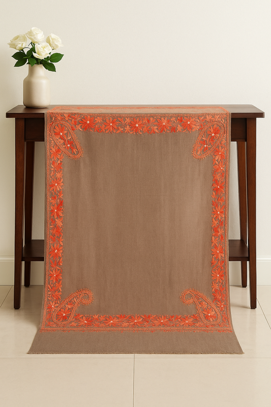 Beige Pashmina Shawl with Four-Side Floral Paisley Embroidery