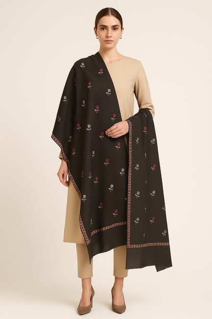 Black Pashmina Shawl with Floral Motifs & Red Border