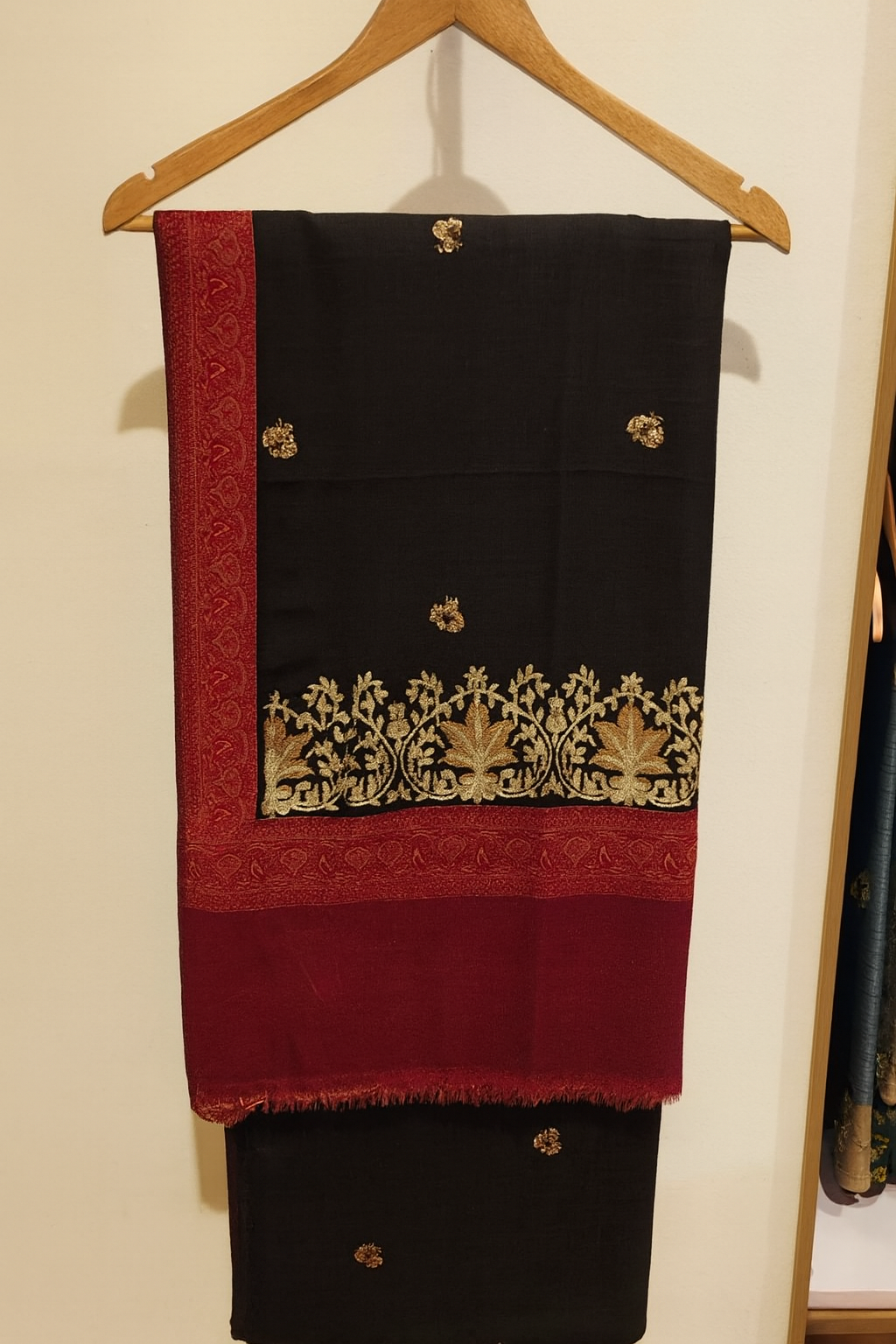 Luxury Black Pashmina Shawl with Maroon Border & Golden Embroidery