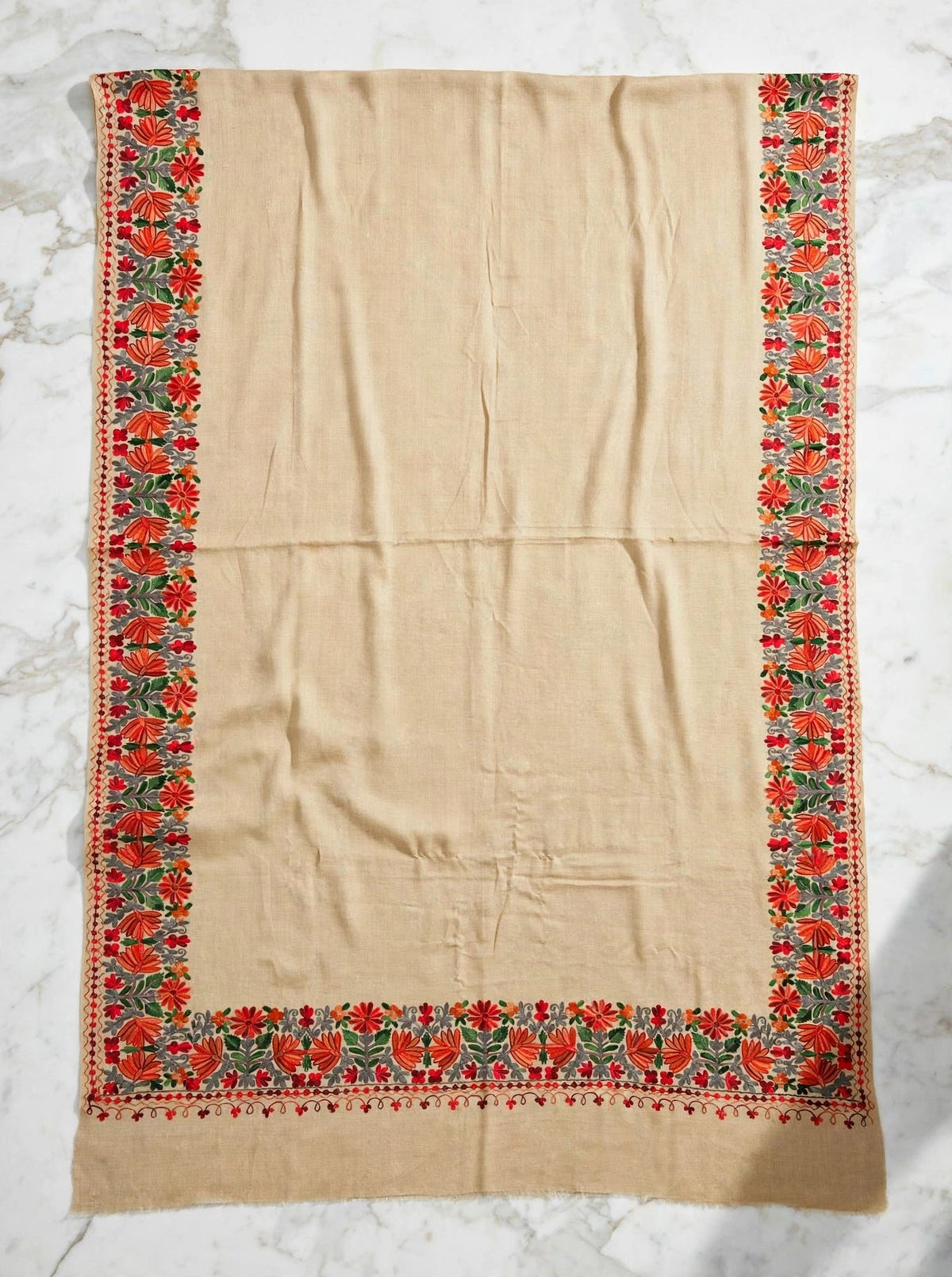 Beige Bloom - Pure Pashmina Aari Embroidered Shawl | Handmade Kashmiri Floral Border