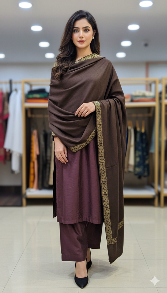Chocolate Brown Pashmina Shawl with Golden Border
