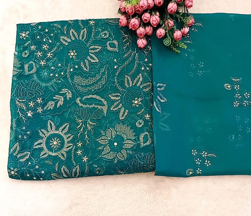 Teal Radiance: Laser-Cut Applique & Embroidered Chiffon Ensemble