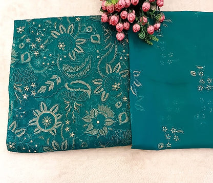 Teal Radiance: Laser-Cut Applique & Embroidered Chiffon Ensemble