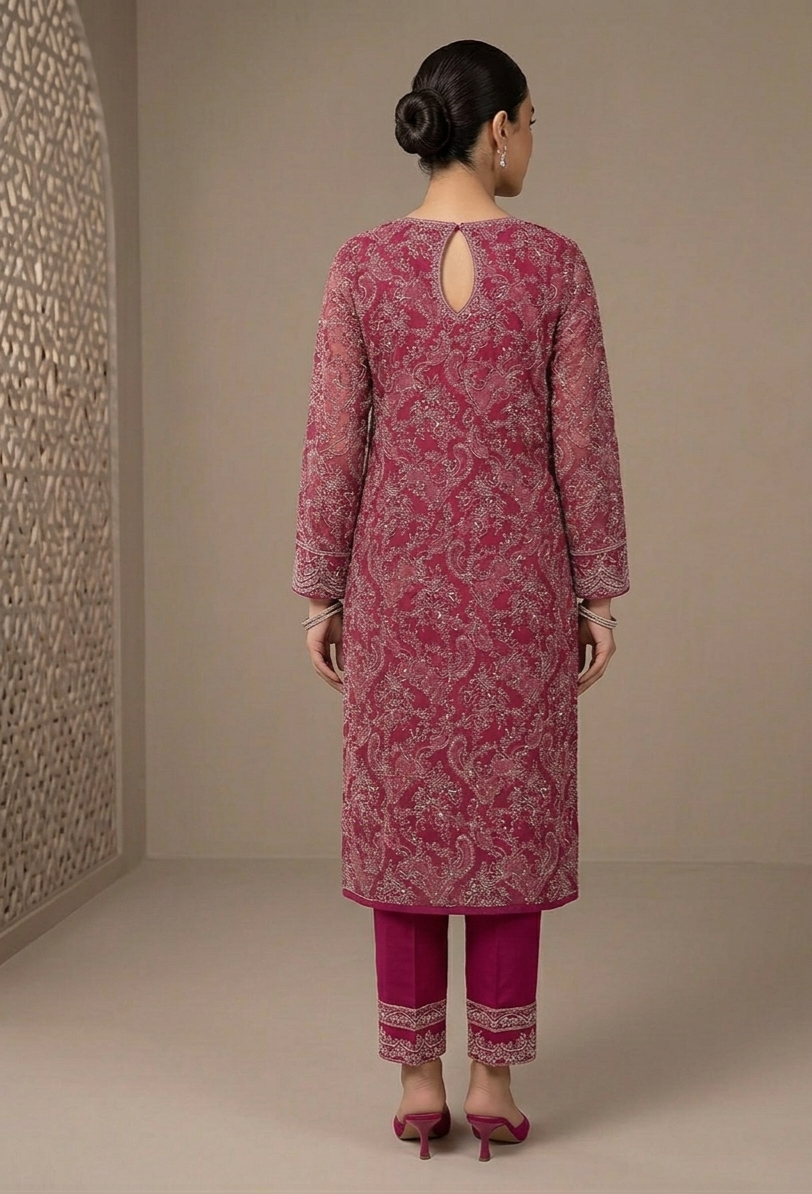 Luxury Magenta Pashmina Unstitched Suit | Laser-Cut Embroidery & Chiffon Dupatta