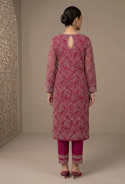 Luxury Magenta Pashmina Unstitched Suit | Laser-Cut Embroidery & Chiffon Dupatta