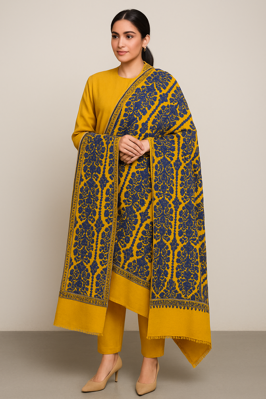 Mustard & Navy Blue Pashmina Aari Embroidered Shawl