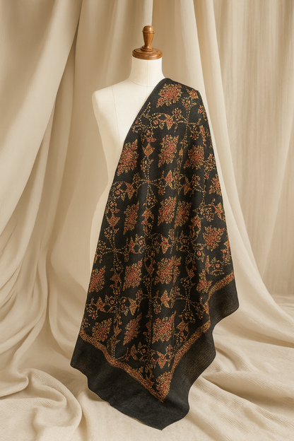 Luxury Needle Embroidery Pashmina Shawl – Black Floral Elegance
