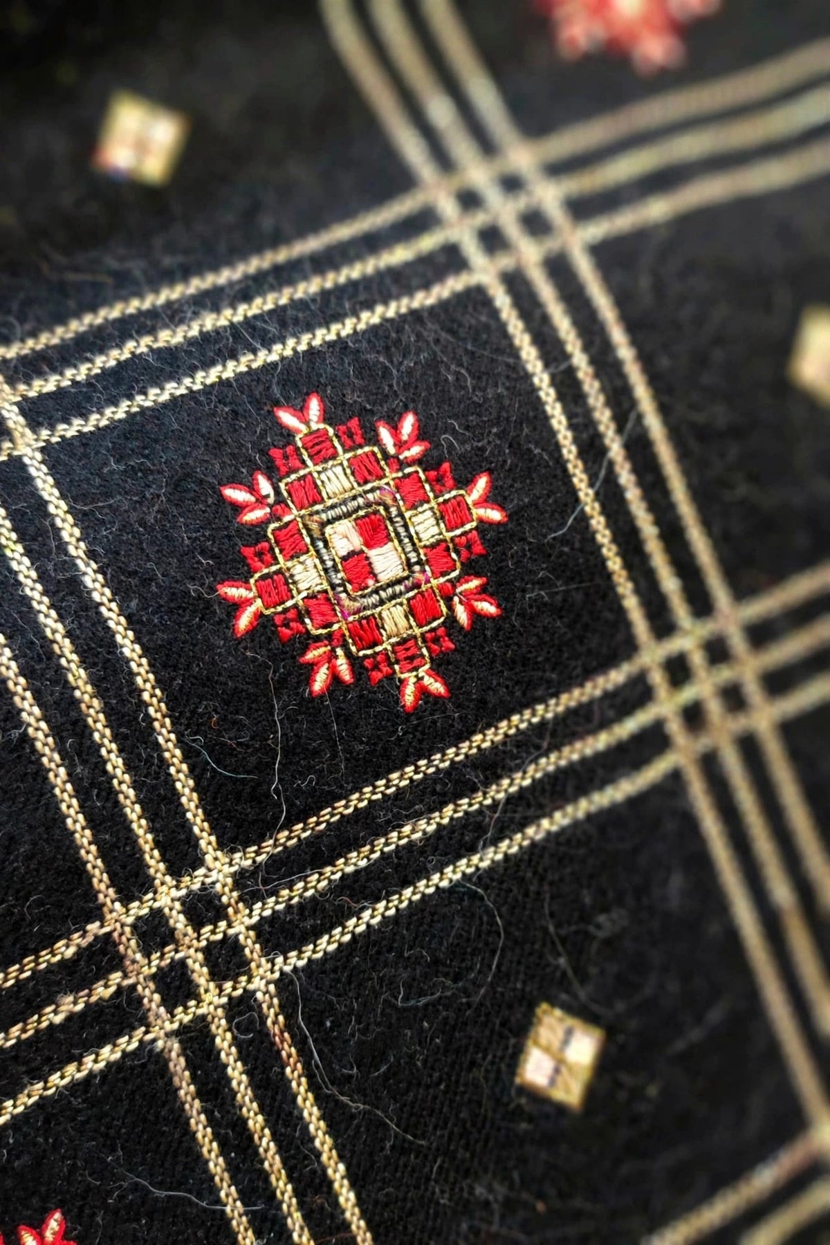 Noir Heritage - Black Embroidered Check Shawl with Red Motif