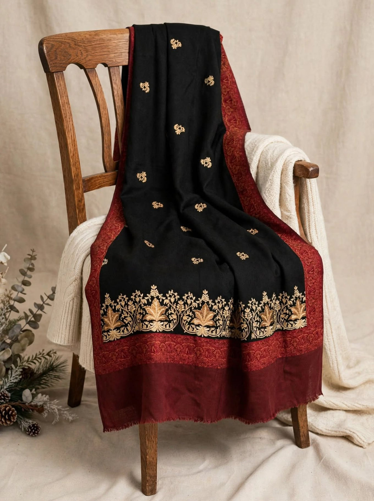 Noor-e-Chinar - Black & Maroon Gold Embroidered Pashmina Shawl Authentic Kashmiri Booti Shawl