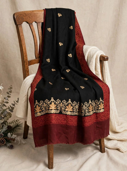 Noor-e-Chinar - Black & Maroon Gold Embroidered Pashmina Shawl Authentic Kashmiri Booti Shawl