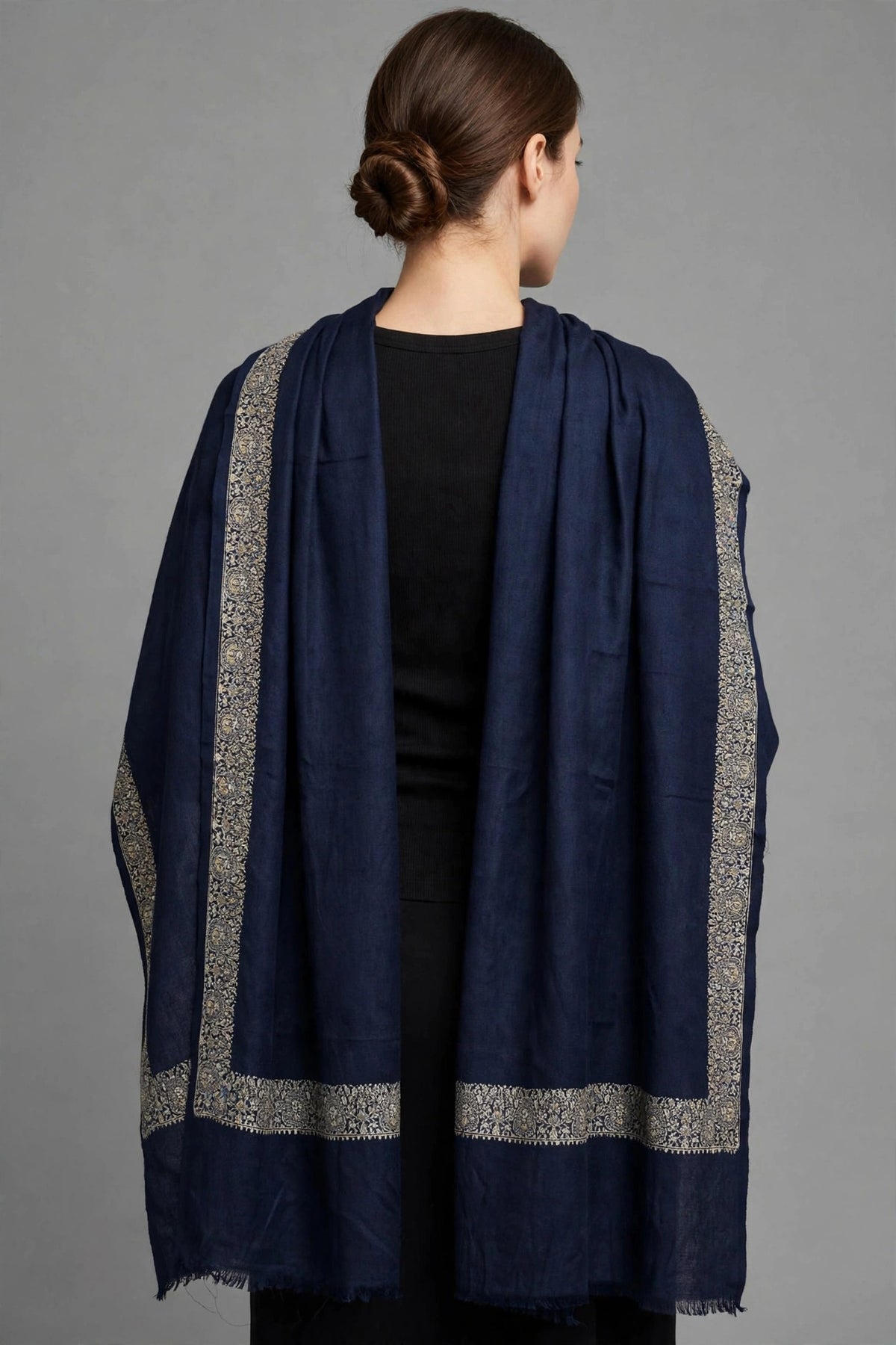 Navy Blue Pashmina Shawl with Gold Zari Paisley Border