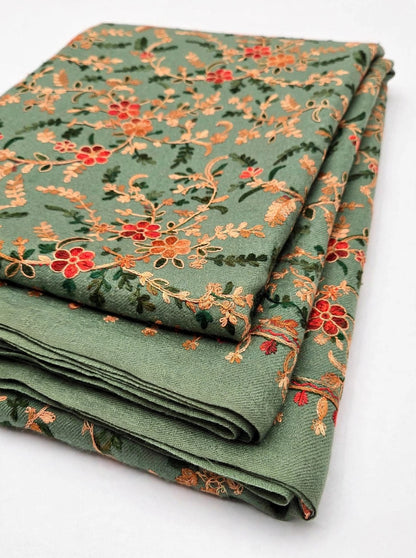 Sage Green All-Over Embroidered Pashmina Shawl - Kashmiri Aari Jaal Work