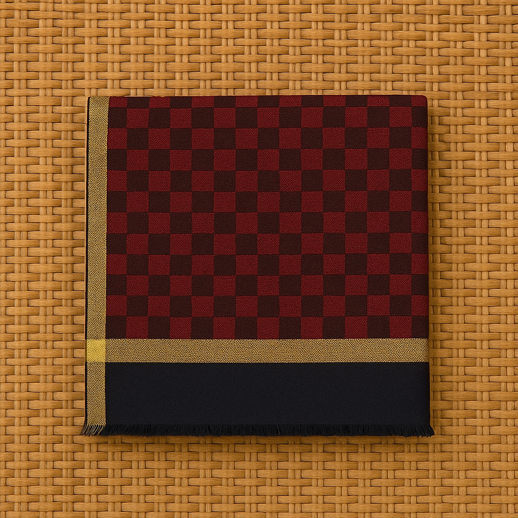 Maroon & Navy Blue Checkered Pashmina Shawl with Golden Border