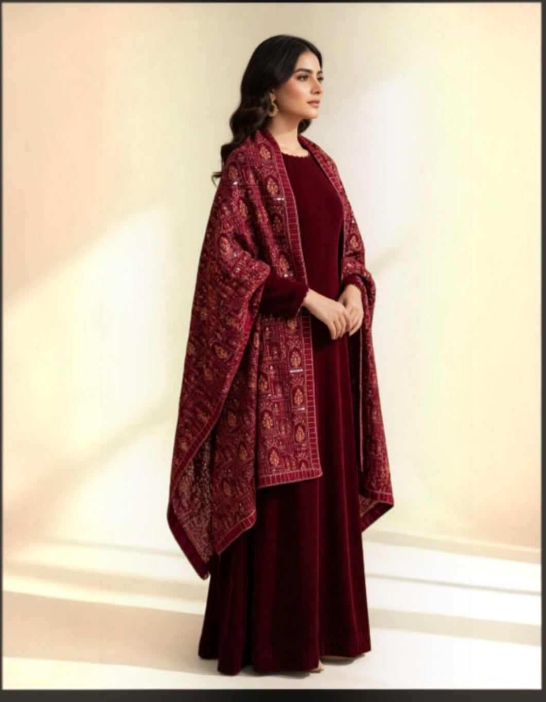 Burgundy Velvet Pakistani Dress with Heavily Embroidered Shawl