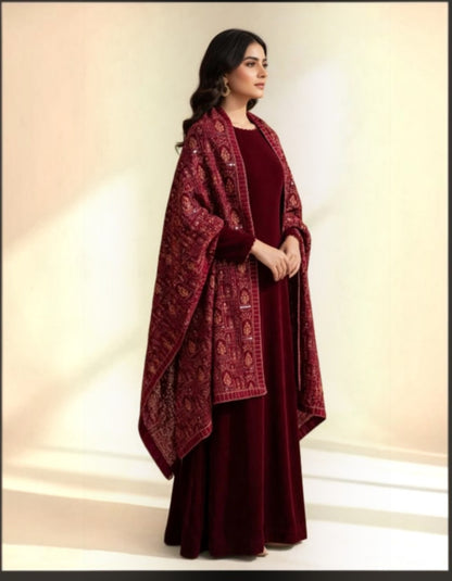 Burgundy Velvet Pakistani Dress with Heavily Embroidered Shawl