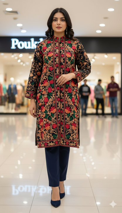 Luxurious Kashmiri Aari Embroidered Jacket - Authentic Pashmina-Wool Blend Coat
