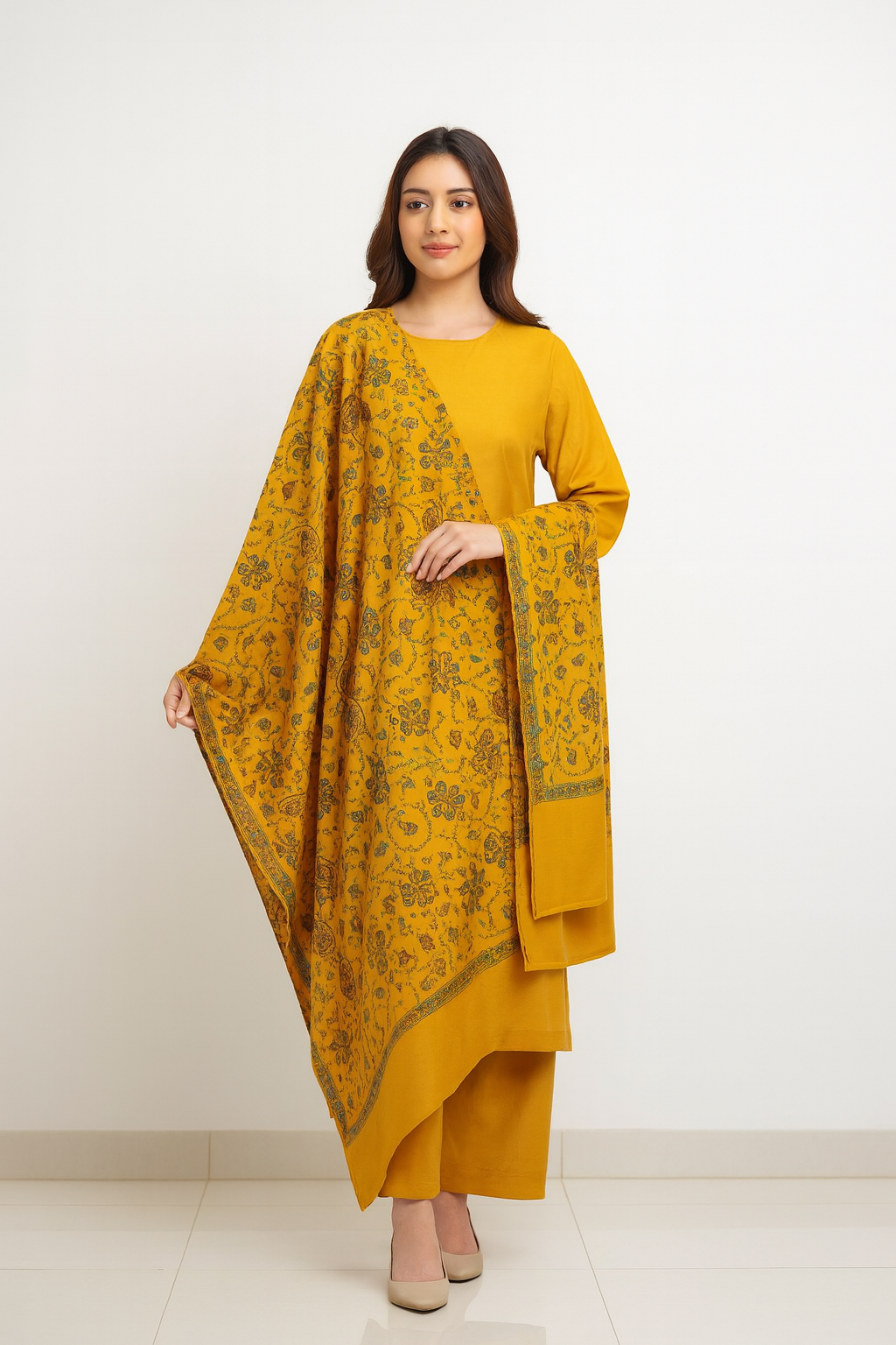 Mustard Yellow Needle Embroidery Pashmina