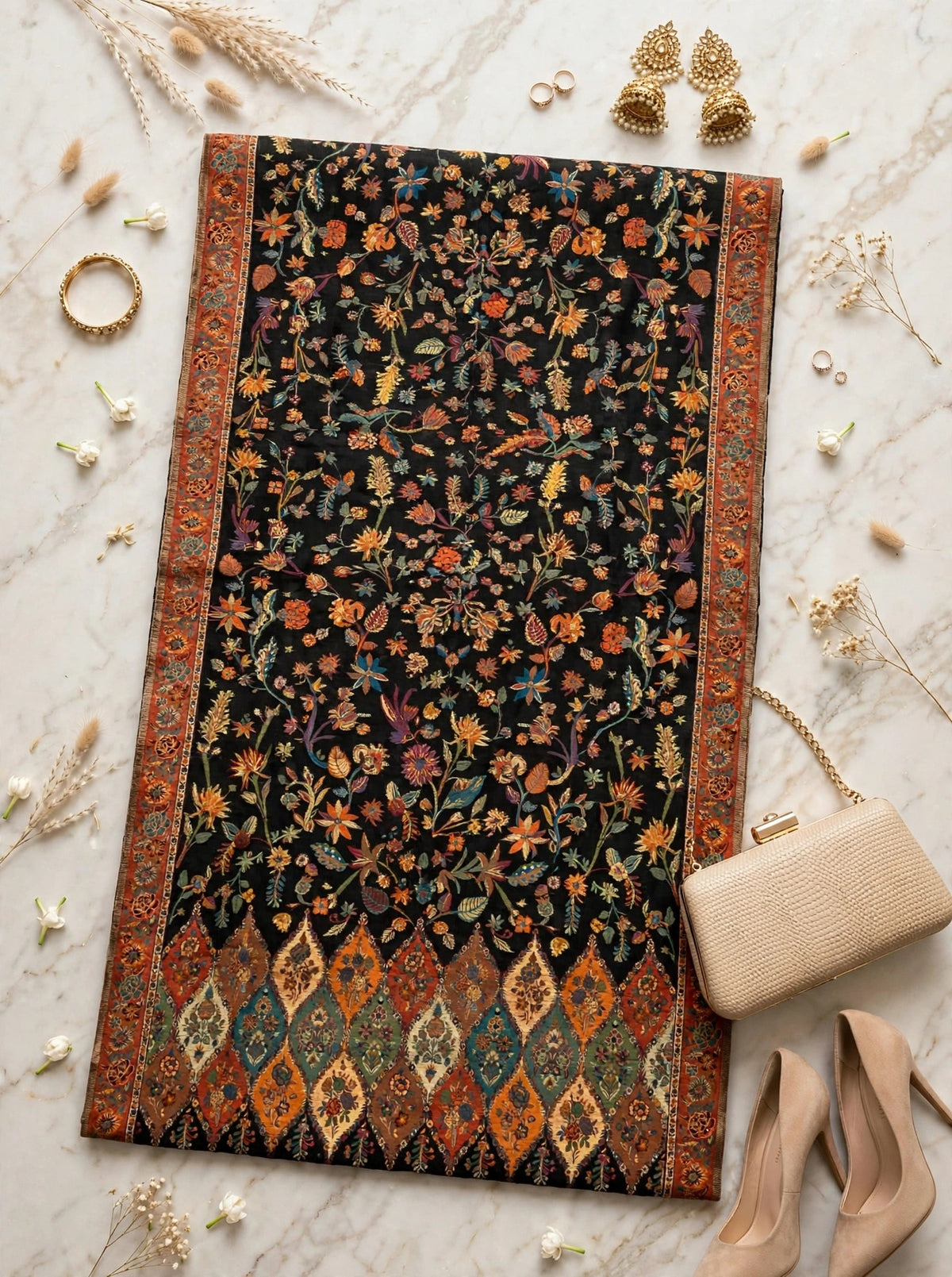 Heirloom Black Floral Kani Silk Dupatta - Pure Handwoven Kashmiri Luxury
