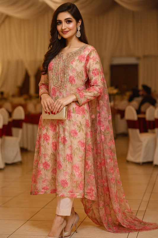 Floral gota neckline hand embroidery