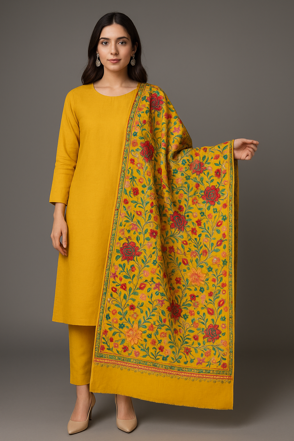 Golden Mustard Pashmina Aari Embroidered Shawl