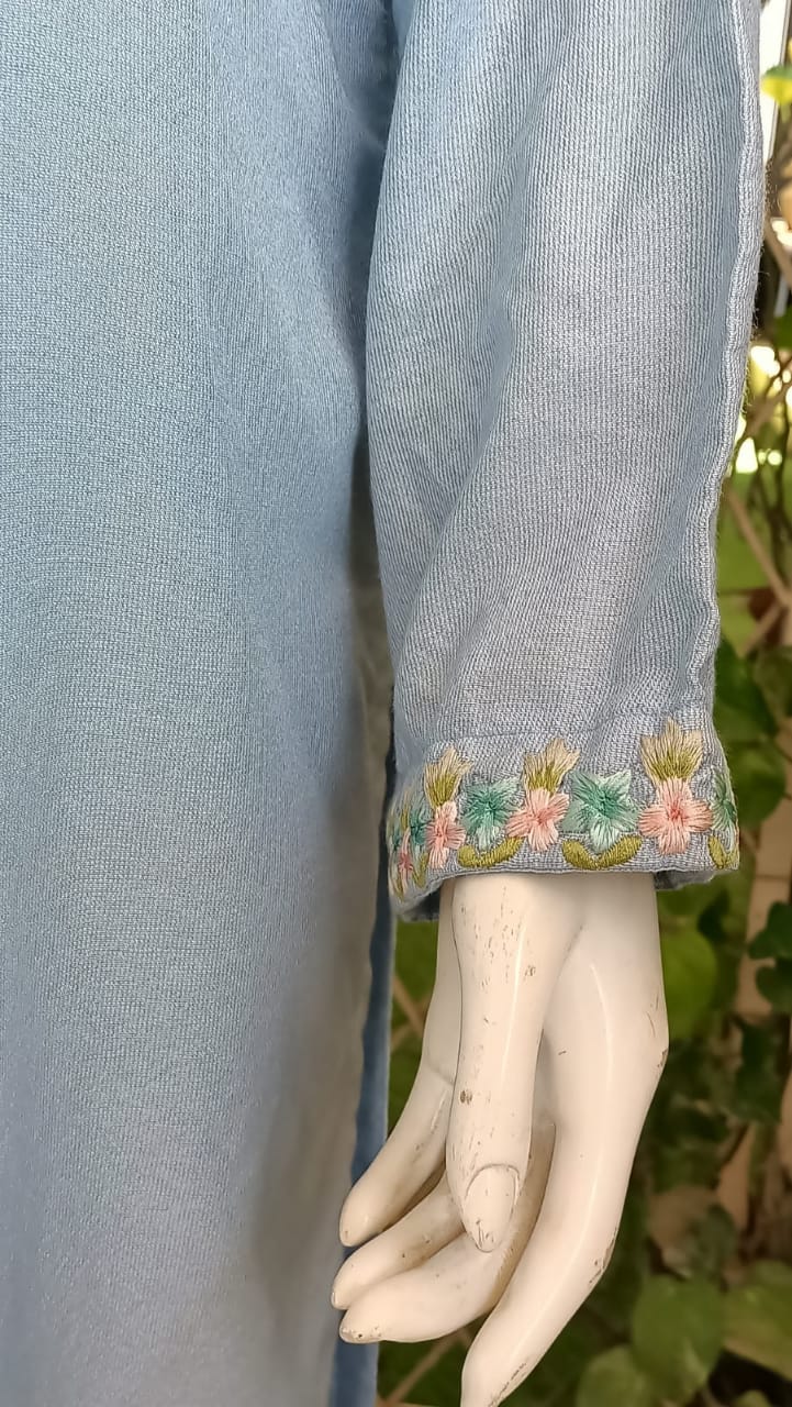 Powder Blue Embroidered Cotton Salwar Kameez Set  Floral Neckline & Sleeve Embroidery with Crushed Dupatta – Ready to Wear 3-Piece Suit