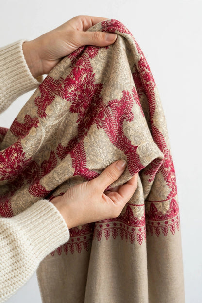 Beige Kashmiri Pashmina Shawl with Raspberry Pink Aari Embroidery