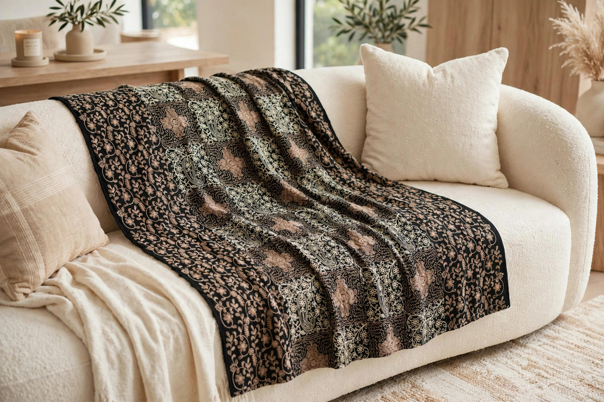 Noir Heritage Black Cashmere Pashmina Shawl with Cream & Beige Aari Work
