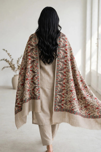 Beige Pashmina Papier Mâché Embroidered Shawl