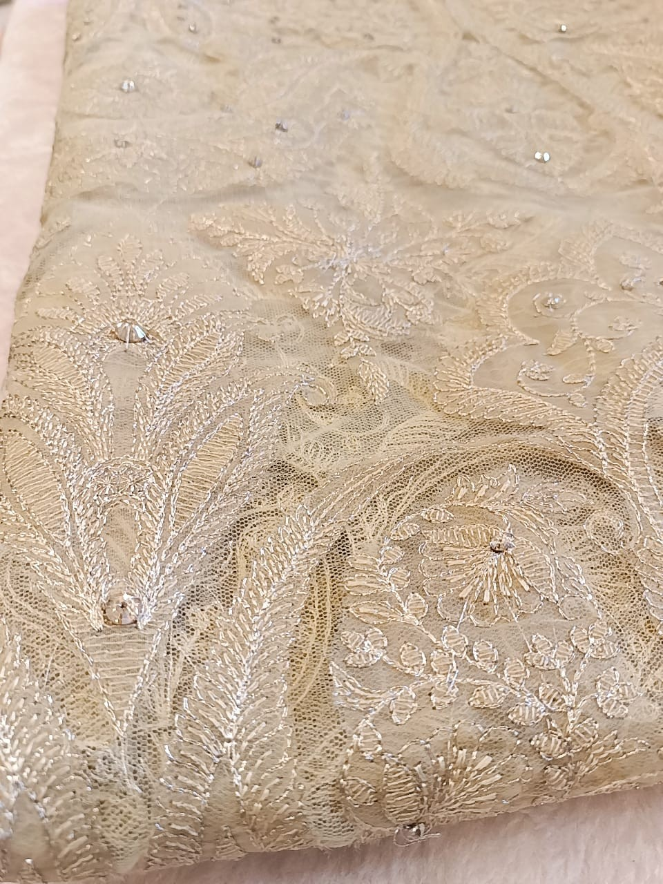 Laser Cutwork Applique Net Suit & Embroidered Chiffon Dupatta